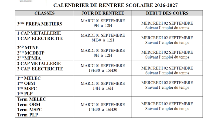 calendrier de rentrée
